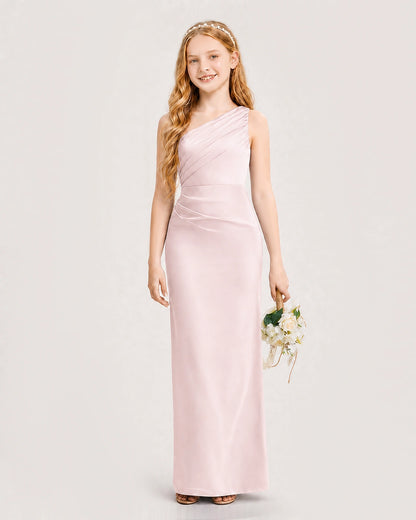 Blush Pink Junior Bridesmaid Dress One-Shoulder Ruched Satin Column Floor-Length Gown Front Full View