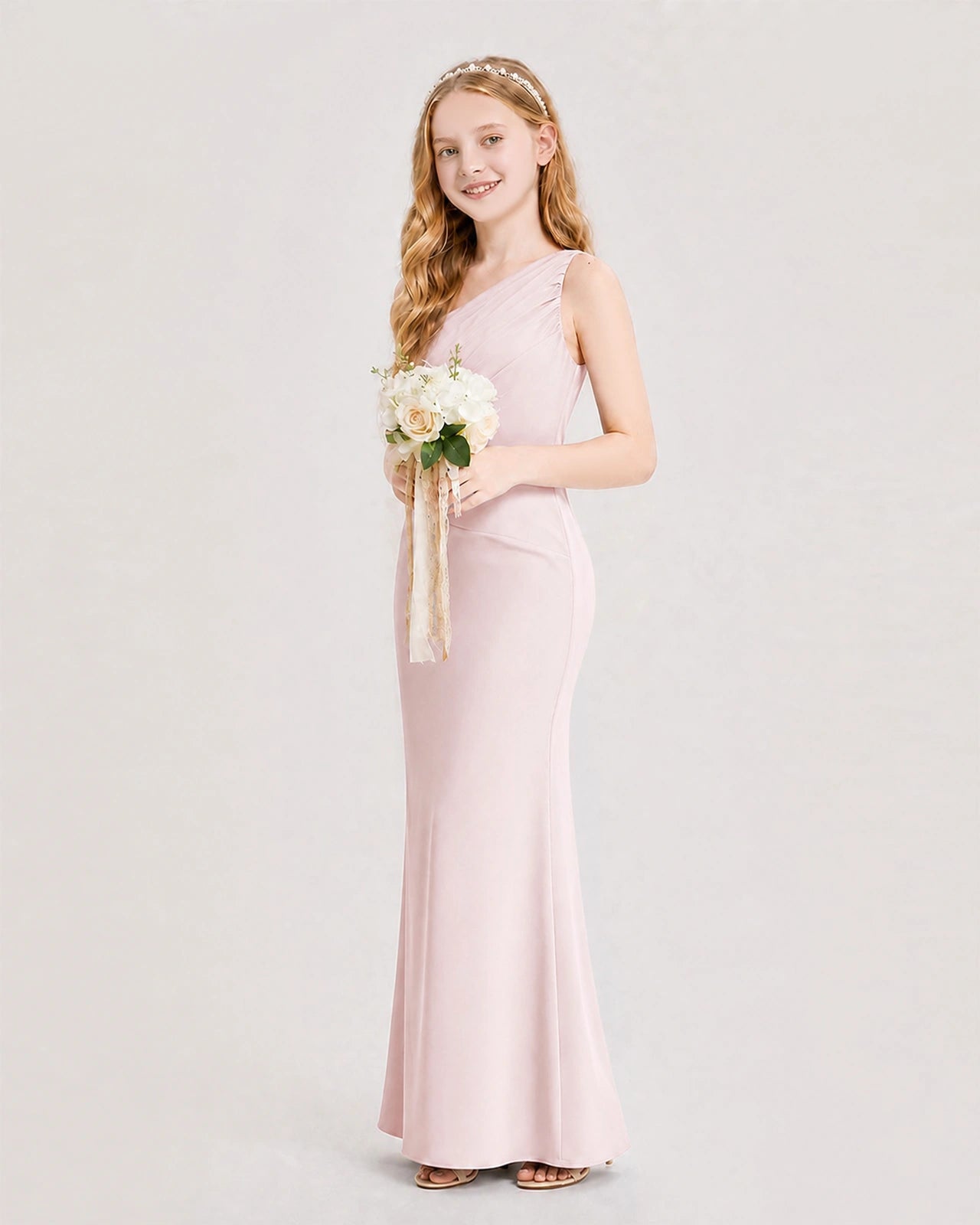 Blush Pink Junior Bridesmaid Dress One-Shoulder Ruched Satin Column Floor-Length Gown Side Full View