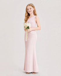 Blush Pink Junior Bridesmaid Dress One-Shoulder Ruched Satin Column Floor-Length Gown Side Full View
