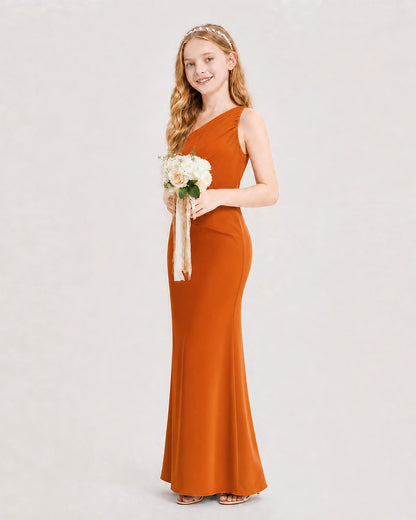 Burnt Orange Junior Bridesmaid Dress One-Shoulder Ruched Satin Column Floor-Length Gown Side Full View