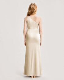 Champagne Junior Bridesmaid Dress One-Shoulder Ruched Satin Column Floor-Length Gown Back Full View