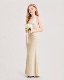 Champagne Junior Bridesmaid Dress One-Shoulder Ruched Satin Column Floor-Length Gown Side Full View