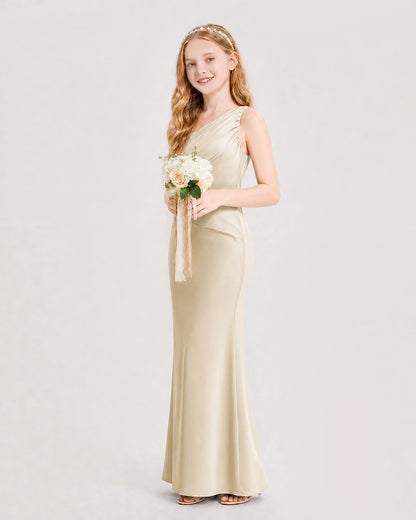 Champagne Junior Bridesmaid Dress One-Shoulder Ruched Satin Column Floor-Length Gown Side Full View