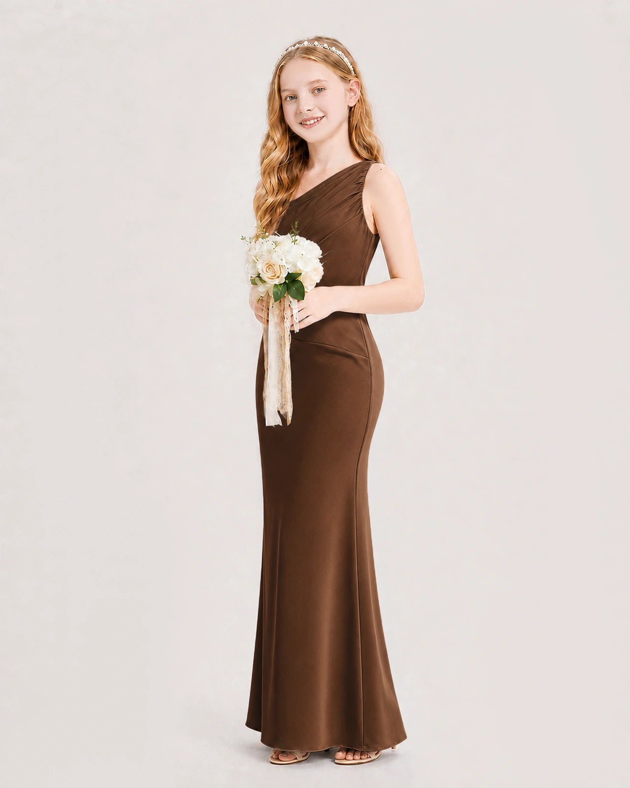 Chocolate Junior Bridesmaid Dress One-Shoulder Ruched Satin Column Floor-Length Gown Side Full View