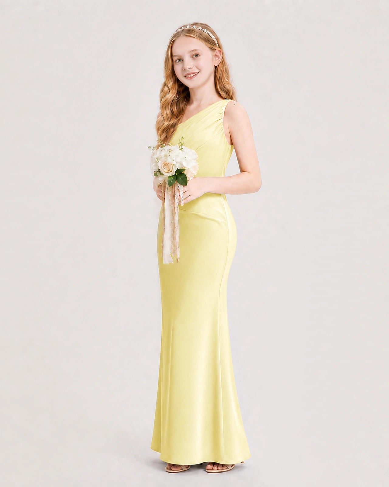Daffodil Junior Bridesmaid Dress One-Shoulder Ruched Satin Column Floor-Length Gown Side Full View