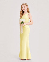 Daffodil Junior Bridesmaid Dress One-Shoulder Ruched Satin Column Floor-Length Gown Side Full View