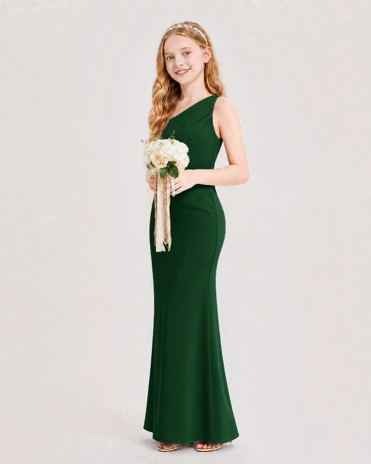 Dark Green Junior Bridesmaid Dress One-Shoulder Ruched Satin Column Floor-Length Gown Side Full View