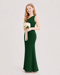 Dark Green Junior Bridesmaid Dress One-Shoulder Ruched Satin Column Floor-Length Gown Side Full View