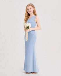 Dusty Blue Junior Bridesmaid Dress One-Shoulder Ruched Satin Column Floor-Length Gown Side Full View