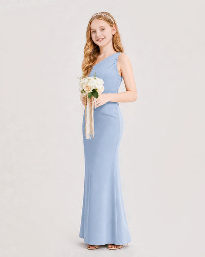 Dusty Blue Junior Bridesmaid Dress One-Shoulder Ruched Satin Column Floor-Length Gown Side Full View