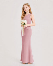 Dusty Rose Junior Bridesmaid Dress One-Shoulder Ruched Satin Column Floor-Length Gown Side Full View