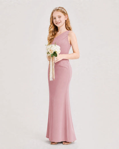 Dusty Rose Junior Bridesmaid Dress One-Shoulder Ruched Satin Column Floor-Length Gown Side Full View