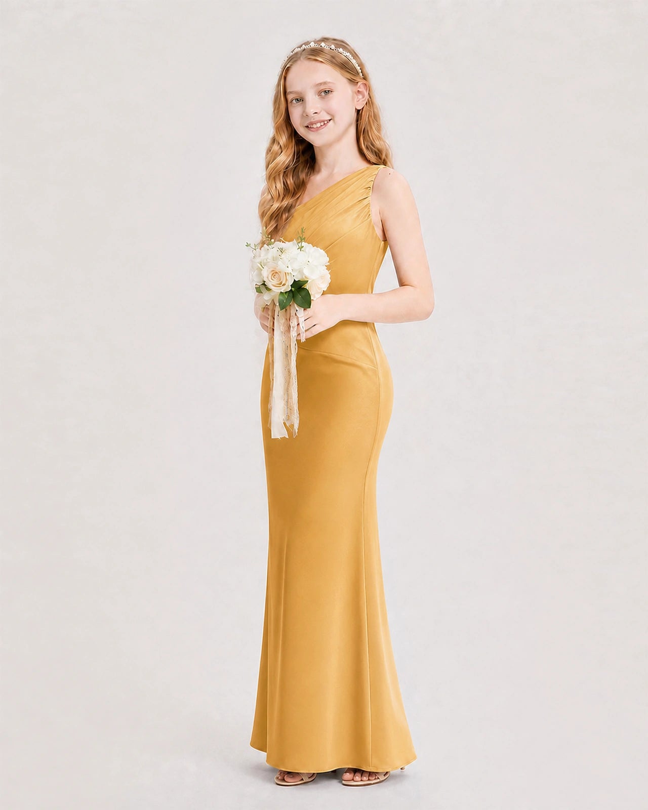 Gold Junior Bridesmaid Dress One-Shoulder Ruched Satin Column Floor-Length Gown Side Full View
