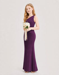 Grape Junior Bridesmaid Dress One-Shoulder Ruched Satin Column Floor-Length Gown Side Full View