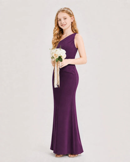 Grape Junior Bridesmaid Dress One-Shoulder Ruched Satin Column Floor-Length Gown Side Full View