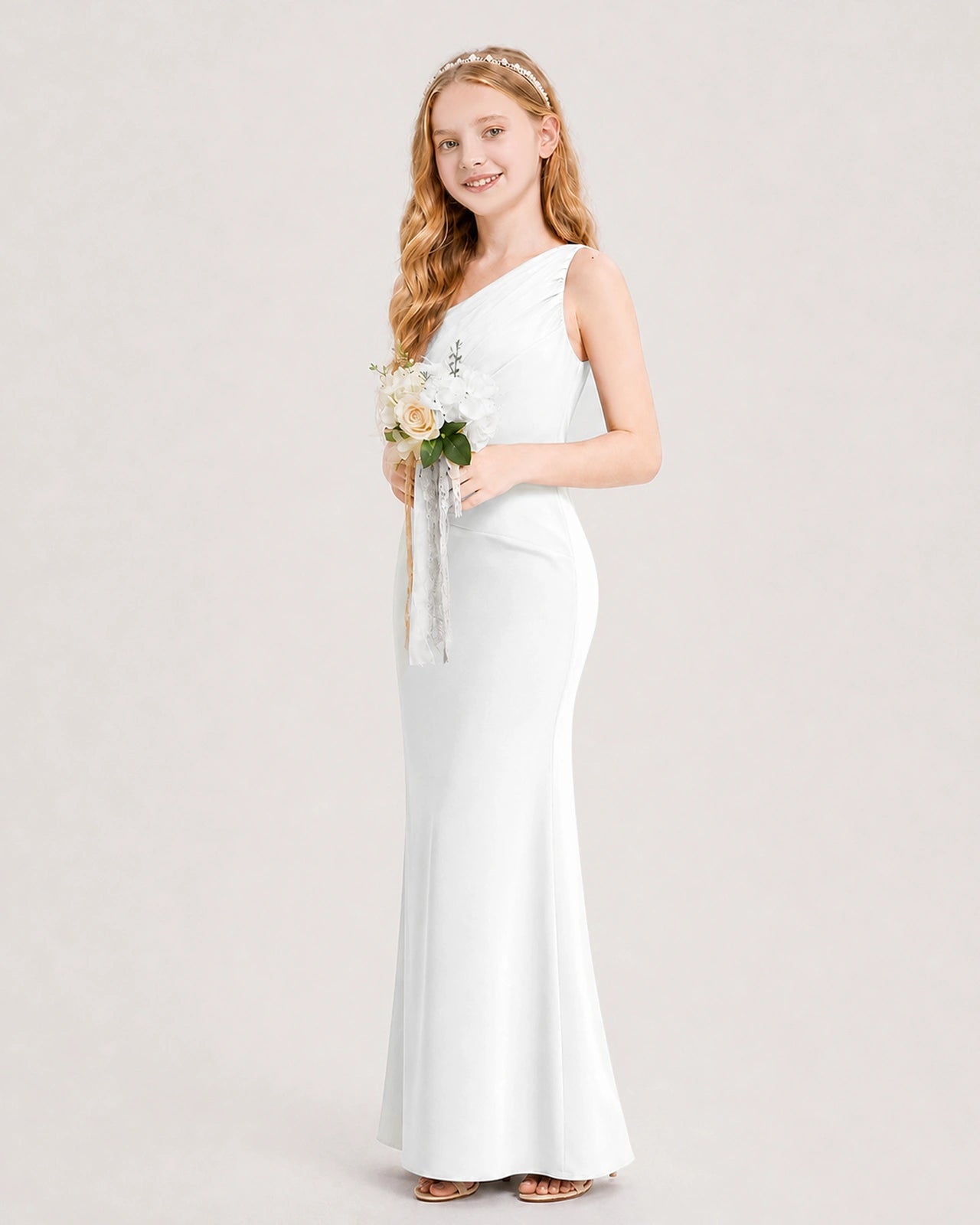 Ivory Junior Bridesmaid Dress One-Shoulder Ruched Satin Column Floor-Length Gown Side Full View