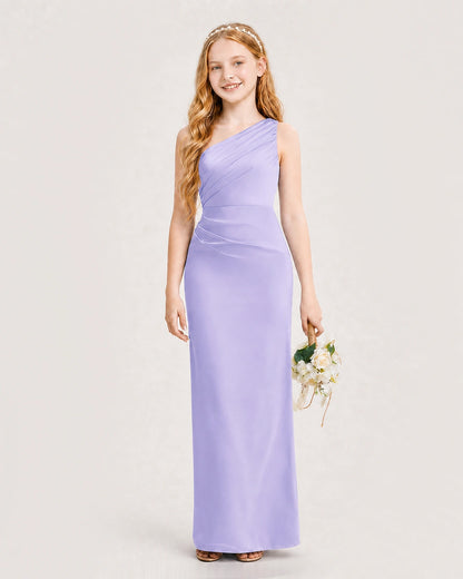 Lavender Junior Bridesmaid Dress One-Shoulder Ruched Satin Column Floor-Length Gown Front Full View