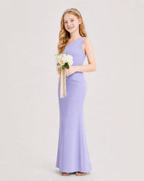 Lavender Junior Bridesmaid Dress One-Shoulder Ruched Satin Column Floor-Length Gown Side Full View