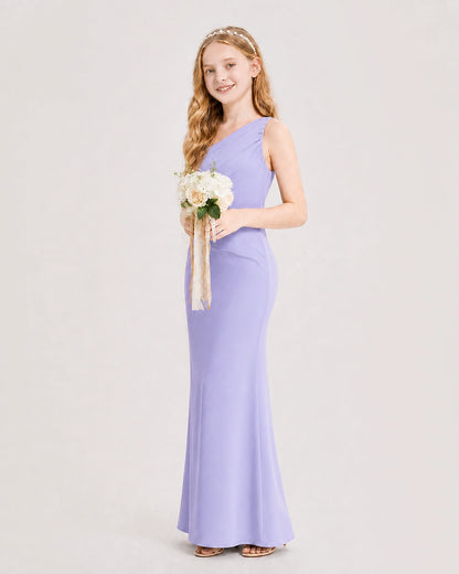 Lavender Junior Bridesmaid Dress One-Shoulder Ruched Satin Column Floor-Length Gown Side Full View