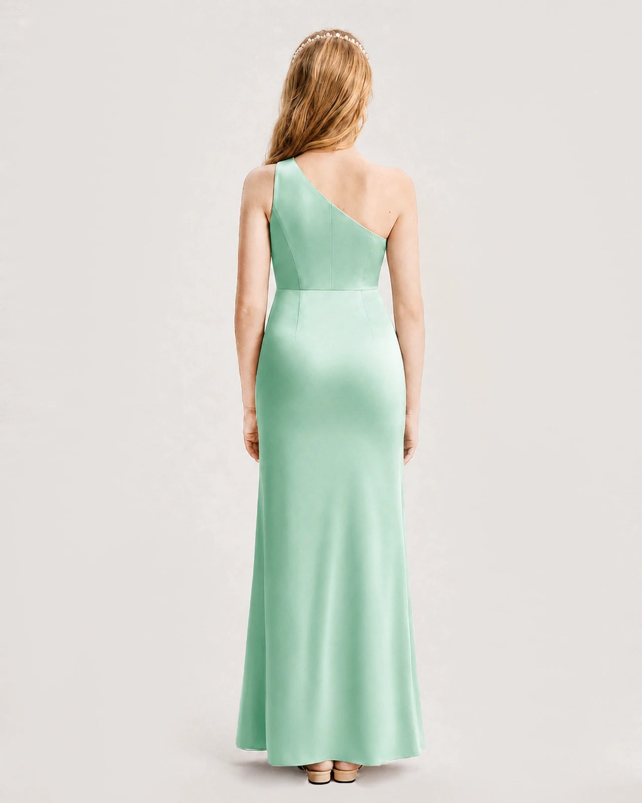 Mint Green Junior Bridesmaid Dress One-Shoulder Ruched Satin Column Floor-Length Gown Back Full View