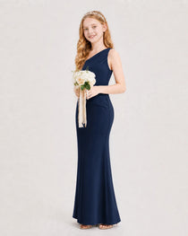 Navy Blue Junior Bridesmaid Dress One-Shoulder Ruched Satin Column Floor-Length Gown Side Full View