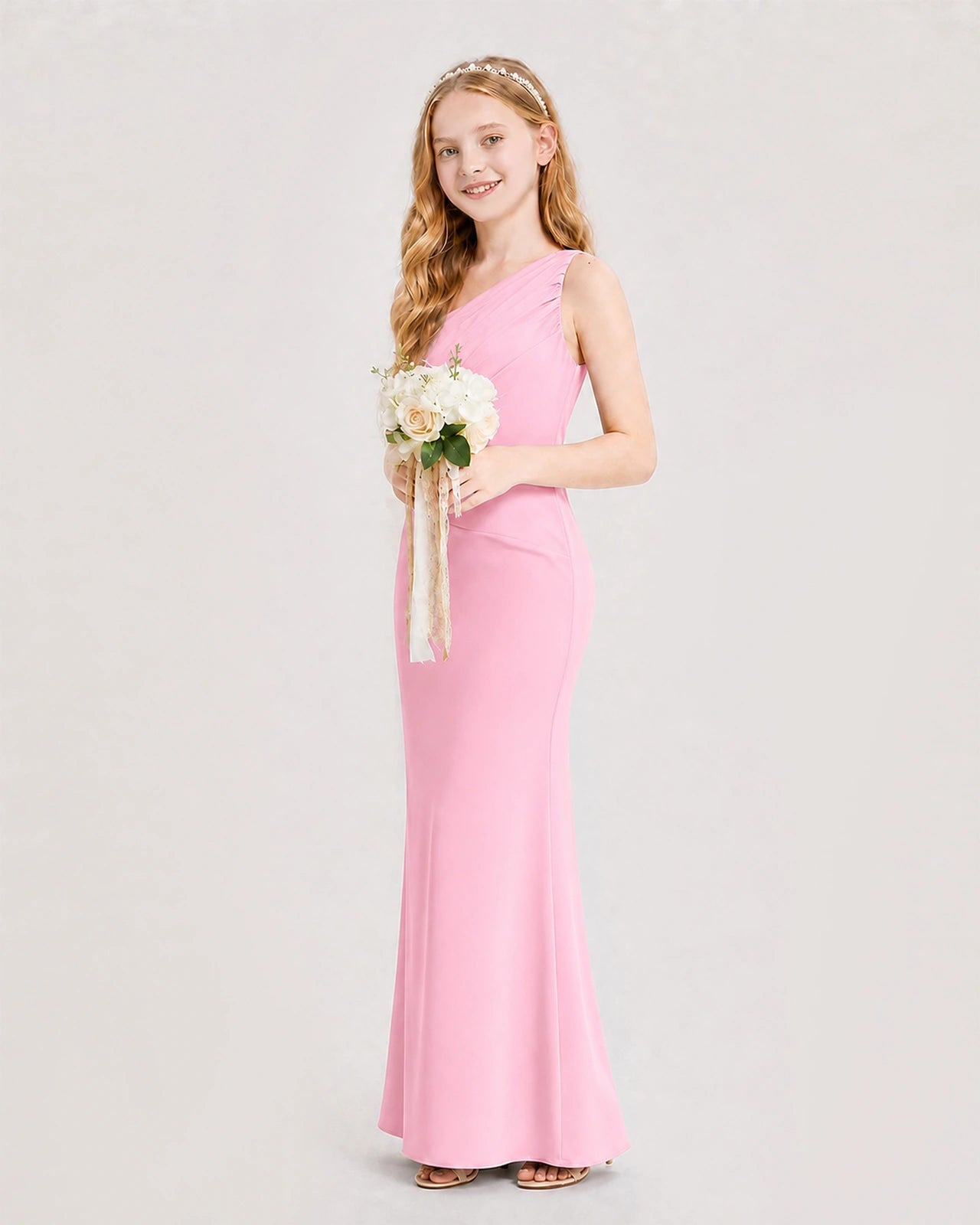 Pink Junior Bridesmaid Dress One-Shoulder Ruched Satin Column Floor-Length Gown Side Full View