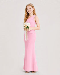 Pink Junior Bridesmaid Dress One-Shoulder Ruched Satin Column Floor-Length Gown Side Full View