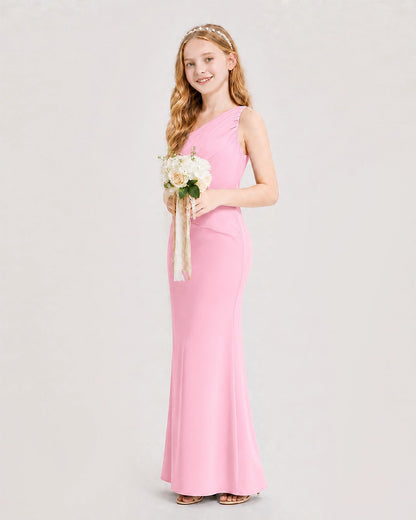 Pink Junior Bridesmaid Dress One-Shoulder Ruched Satin Column Floor-Length Gown Side Full View