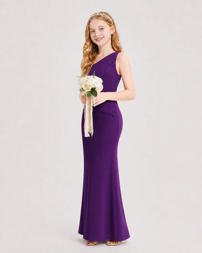 Purple Junior Bridesmaid Dress One-Shoulder Ruched Satin Column Floor-Length Gown Side Full View
