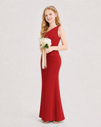Purple Junior Bridesmaid Dress One-Shoulder Ruched Satin Column Floor-Length Gown Side Full View