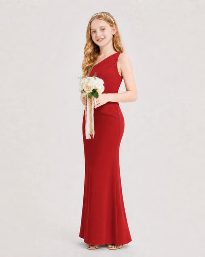 Purple Junior Bridesmaid Dress One-Shoulder Ruched Satin Column Floor-Length Gown Side Full View