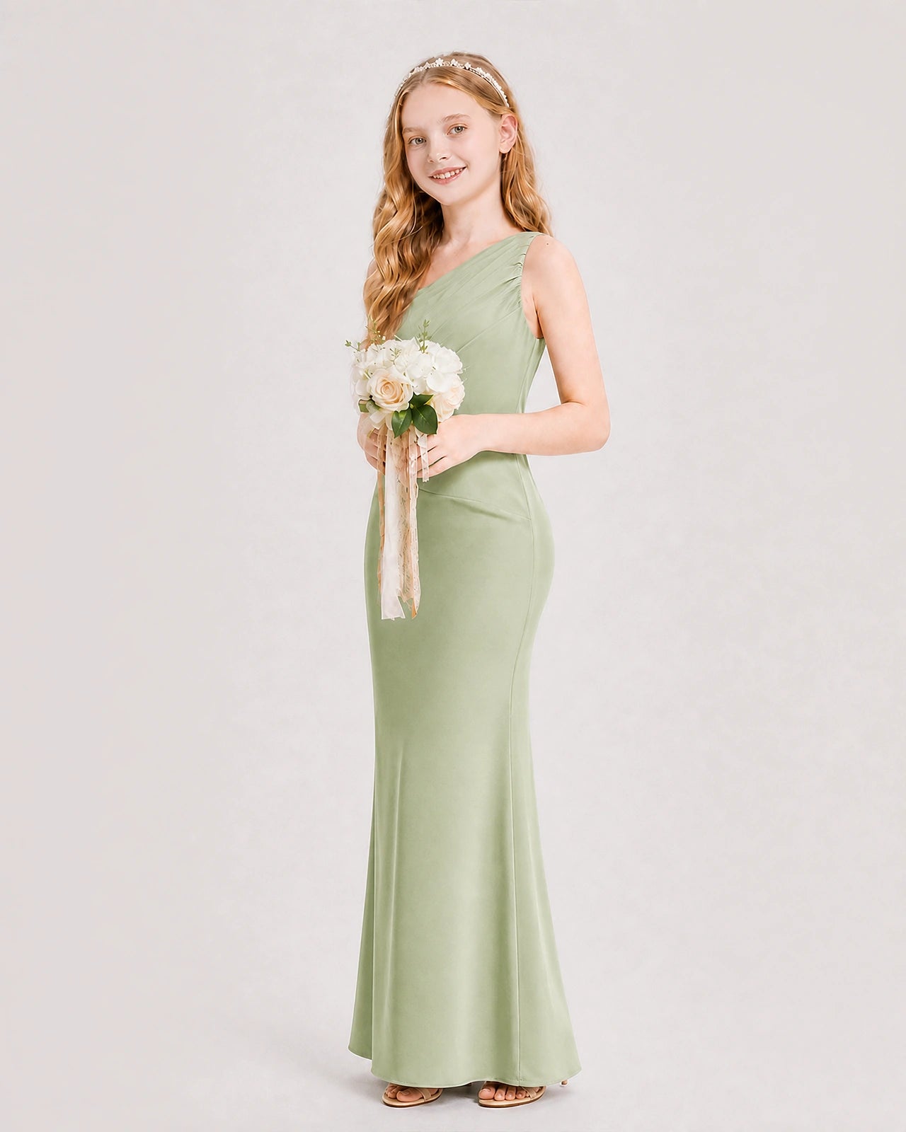 Sage Green Junior Bridesmaid Dress One-Shoulder Ruched Satin Column Floor-Length Gown Side Full View