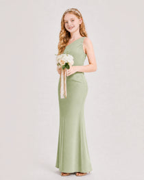 Sage Green Junior Bridesmaid Dress One-Shoulder Ruched Satin Column Floor-Length Gown Side Full View
