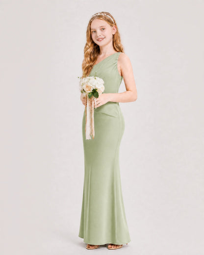 Sage Green Junior Bridesmaid Dress One-Shoulder Ruched Satin Column Floor-Length Gown Side Full View