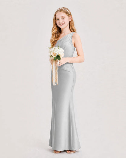 Silver Junior Bridesmaid Dress One-Shoulder Ruched Satin Column Floor-Length Gown Side Full View