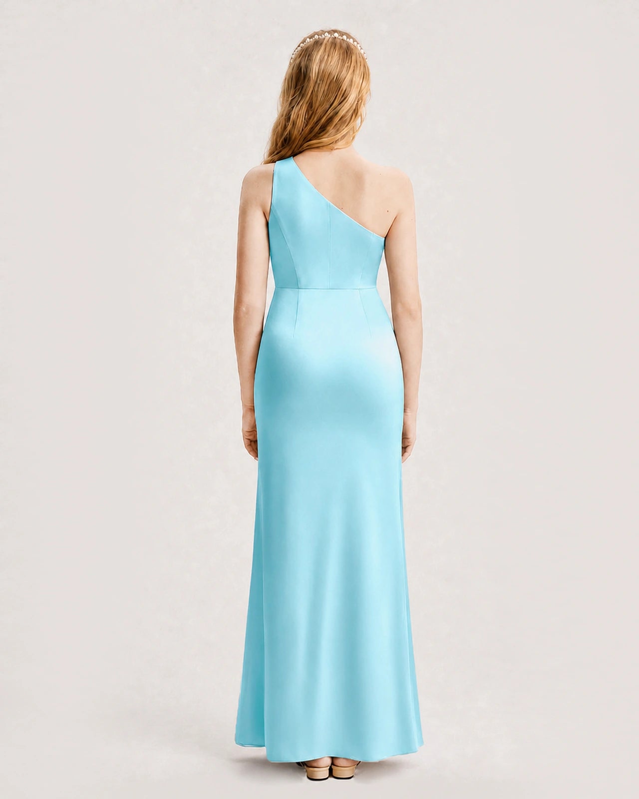 Sky Blue Junior Bridesmaid Dress One-Shoulder Ruched Satin Column Floor-Length Gown Back Full View