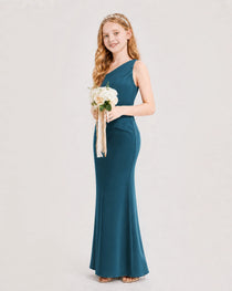 Teal Junior Bridesmaid Dress One-Shoulder Ruched Satin Column Floor-Length Gown Side Full View