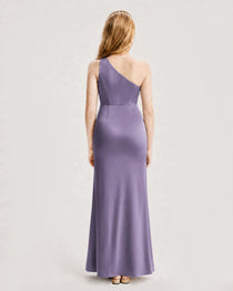 Wisteria Junior Bridesmaid Dress One-Shoulder Ruched Satin Column Floor-Length Gown Back Full View