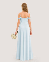 Baby Blue Satin Cold Shoulder Junior Bridesmaid Dresses Back View