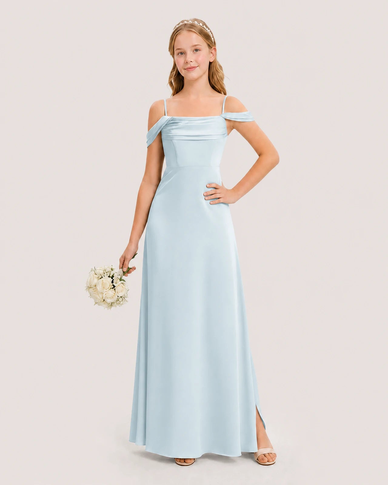 Dideyttawl Off the Shoulder Satin Junior Bridesmaid Dress