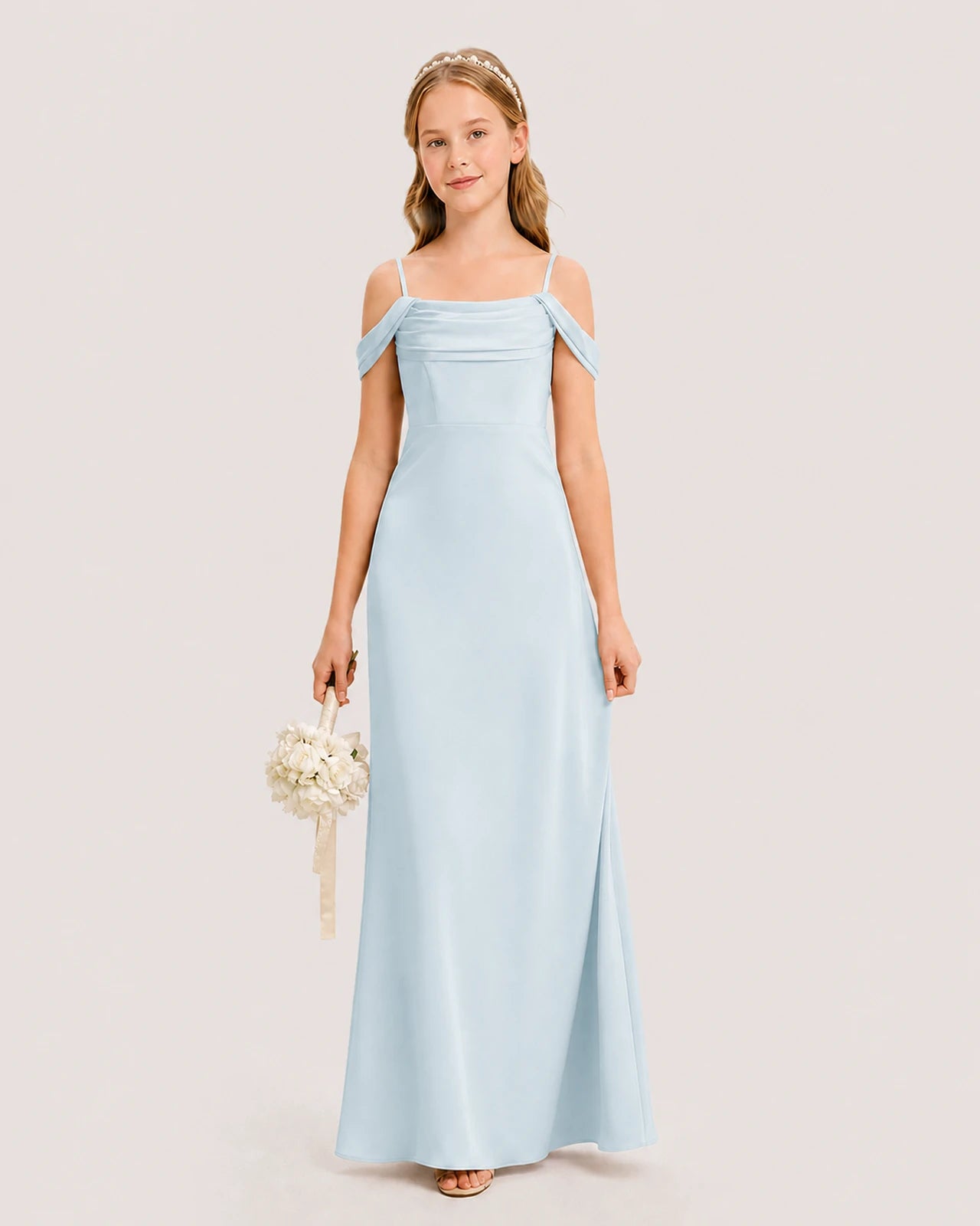 Dideyttawl Off the Shoulder Satin Junior Bridesmaid Dress
