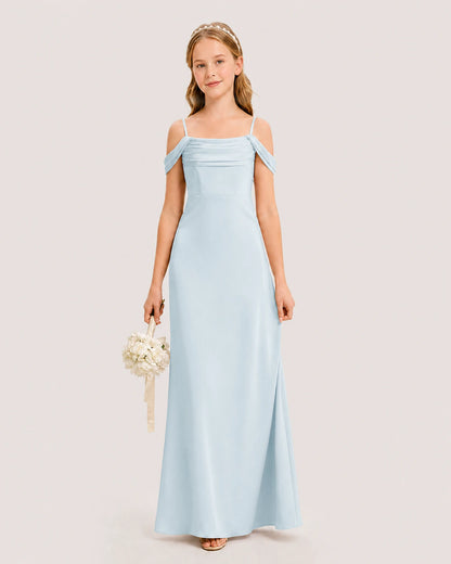 Dideyttawl Off the Shoulder Satin Junior Bridesmaid Dress