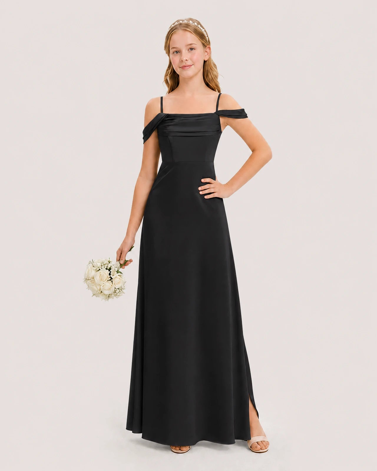 Dideyttawl Off the Shoulder Satin Junior Bridesmaid Dress