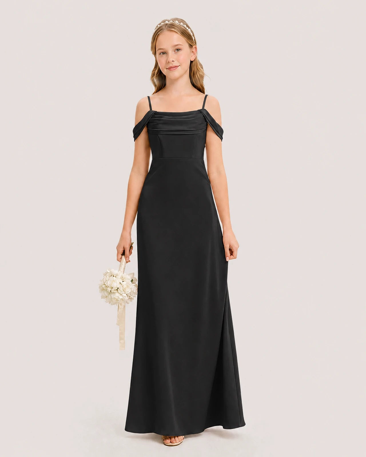 Dideyttawl Off the Shoulder Satin Junior Bridesmaid Dress