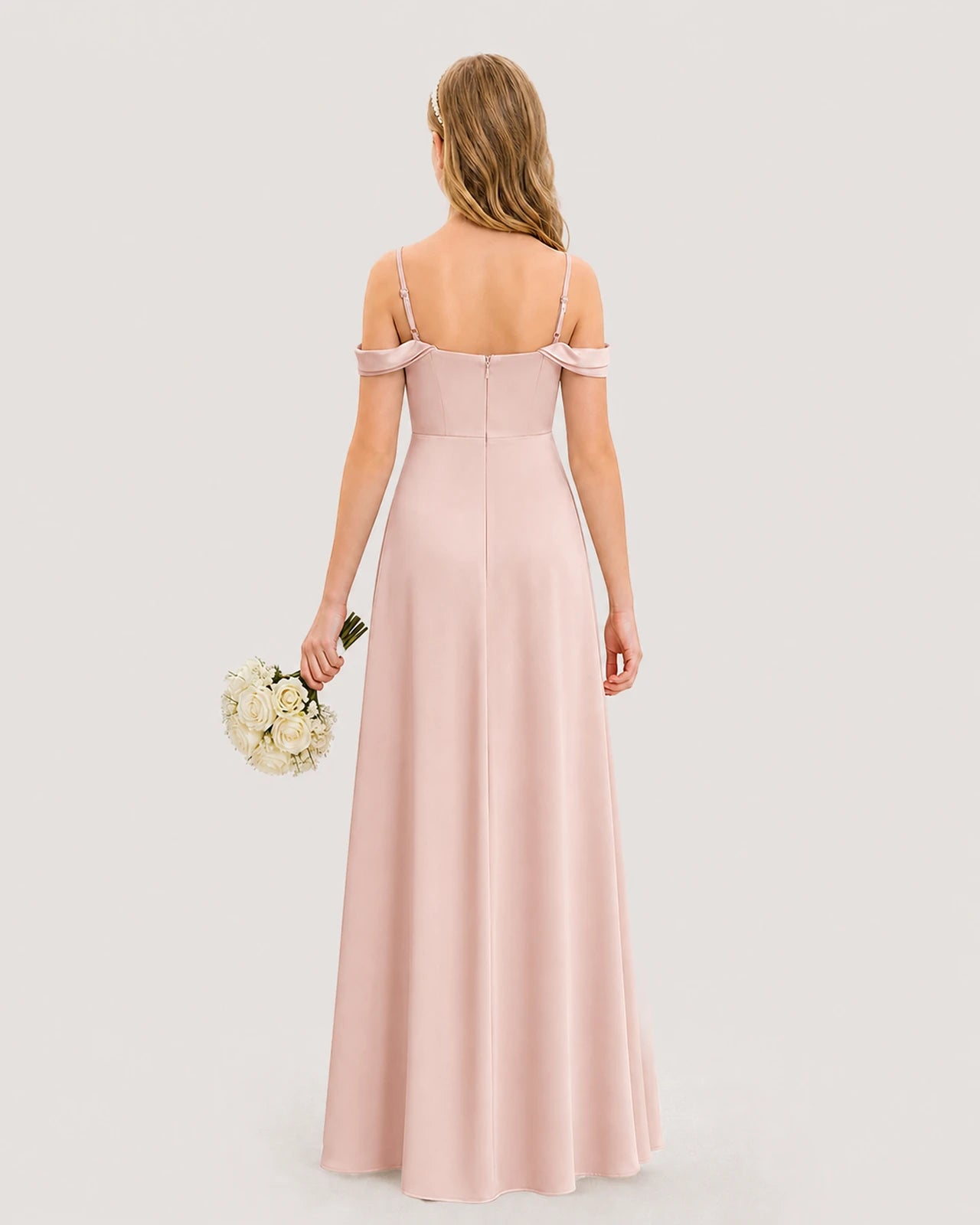 Dideyttawl Off the Shoulder Satin Junior Bridesmaid Dress