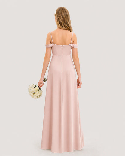 Dideyttawl Off the Shoulder Satin Junior Bridesmaid Dress