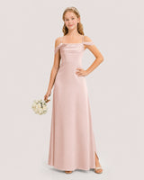 Blush Pink Satin Off-the-Shoulder Junior Bridesmaid Dresses Front View