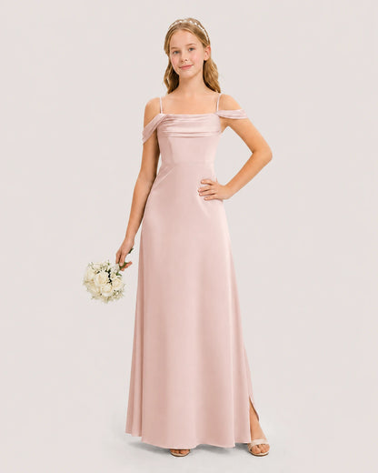 Dideyttawl Off the Shoulder Satin Junior Bridesmaid Dress