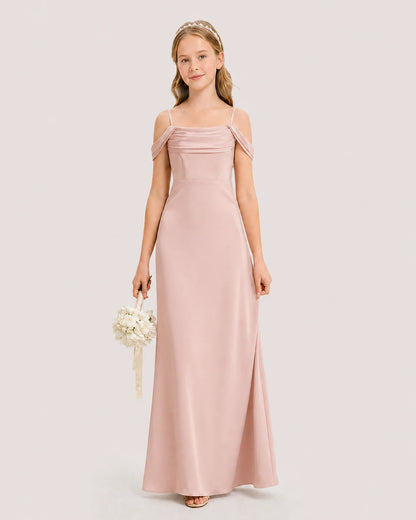 Dideyttawl Off the Shoulder Satin Junior Bridesmaid Dress
