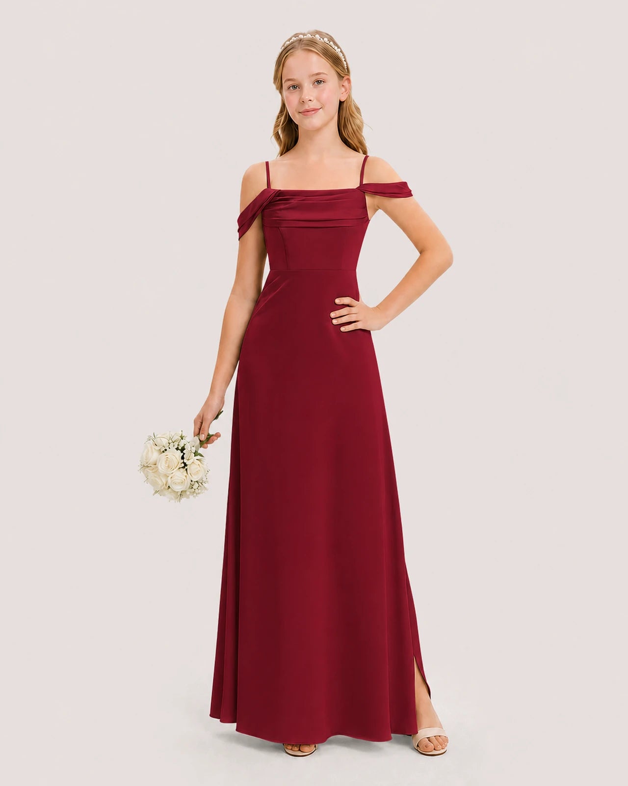 Dideyttawl Off the Shoulder Satin Junior Bridesmaid Dress